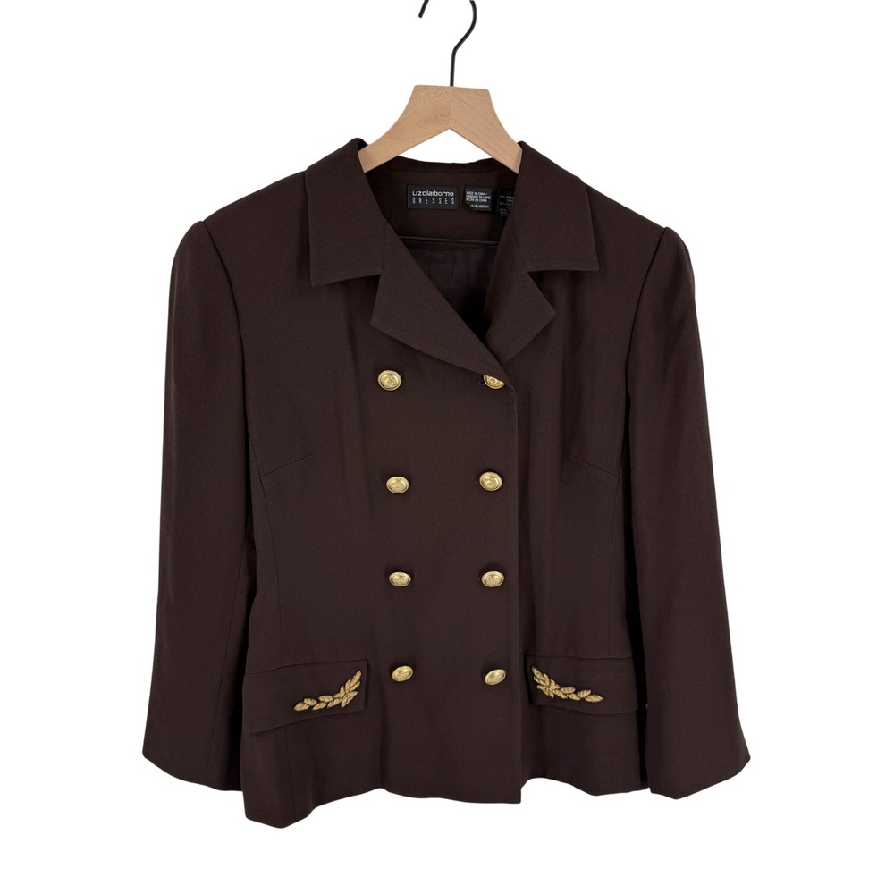 Vintage Liz Claiborne Blazer Brown 10 Military Gold Button Double Breasted